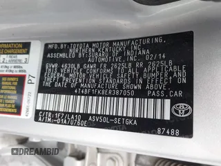 2014 Toyota Camry L with VIN 4T4BF1FK8ER387050, listed as a IAAI auction lot 41453516 with 184,150 mi miles. Bid and sale history available at carsss.com. Image 9.