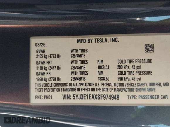 2025 Tesla Model 3 Long Range with VIN 5YJ3E1EAXSF974949, listed as a IAAI auction lot 41934237 with 260 mi miles and . Bid and sale history available at carsss.com. Image 9.