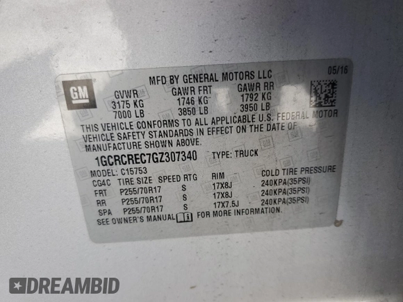 2016 Chevrolet Silverado 1500 LT with VIN 1GCRCREC7GZ307340, listed as a Copart auction lot 50203405 with 55,823 mi miles and Salvage Title. Bid and sale history available at DreamBid. Image 14.