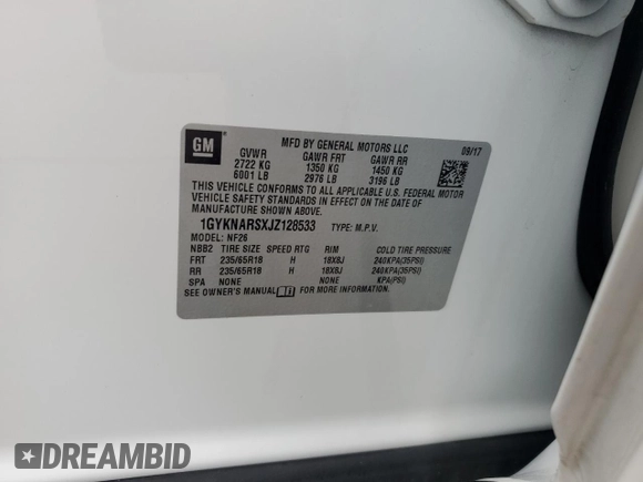 2018 Cadillac XT5 FWD with VIN 1GYKNARSXJZ128533, listed as a Copart auction lot 61587745 with Not provided miles and Non repairable. Bid and sale history available at DreamBid. Image 13.