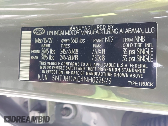 2022 Hyundai Santa Cruz SEL with VIN 5NTJBDAE4NH022823, listed as a IAAI auction lot 42051616 with 23,158 mi miles and . Bid and sale history available at DreamBid. Image 9.