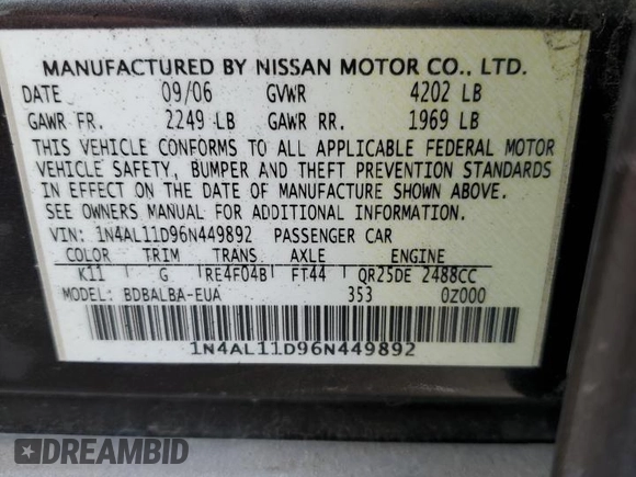 2006 Nissan Altima S z VIN 1N4AL11D96N449892, wystawiony jako Copart lot #48354685 z przebiegiem 219 174 mil mil oraz Szkoda całkowita • Salvage title. Historia ofert i sprzedaży dostępna na DreamBid. Obrazek 14.