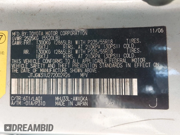 2007 Lexus RX 400h z VIN JTJGW31U272002926, wystawiony jako IAAI lot #41792083 z przebiegiem 227 063 mil mil oraz . Historia ofert i sprzedaży dostępna na DreamBid. Obrazek 9.