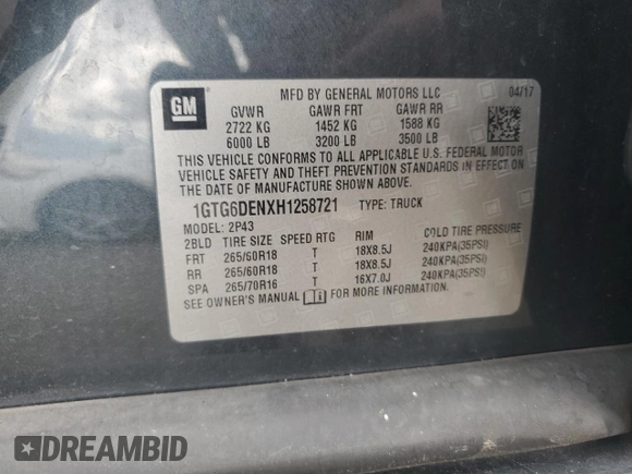 2017 GMC Canyon 4WD SLT with VIN 1GTG6DENXH1258721, listed as a Copart auction lot 68713664 with 117,420 mi miles and Salvage Title. Bid and sale history available at carsss.com. Image 12.