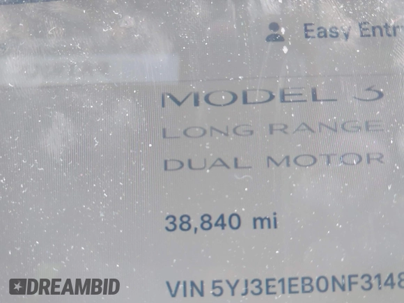 2022 Tesla Model 3 Long Range with VIN 5YJ3E1EB0NF314870, listed as a IAAI auction lot 41762301 with 38,840 mi miles and . Bid and sale history available at DreamBid. Image 15.