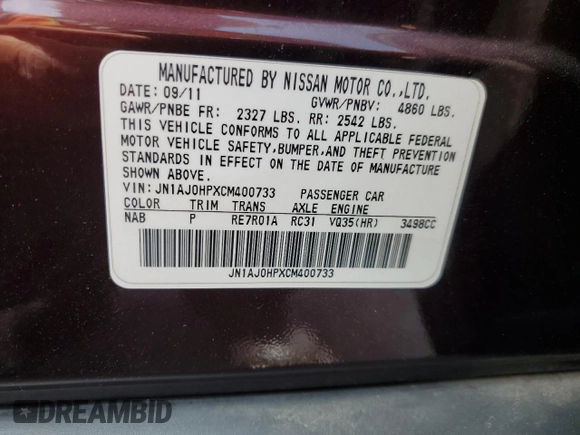2012 Infiniti EX Journey with VIN JN1AJ0HPXCM400733, listed as a Copart auction lot 59629905 with 171,470 mi miles and Salvage title. Bid and sale history available at DreamBid. Image 13.