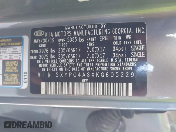 2019 Kia Sorento L with VIN 5XYPG4A3XKG605229, listed as a IAAI auction lot 41827291 with 59,594 mi miles. Bid and sale history available at carsss.com. Image 9.