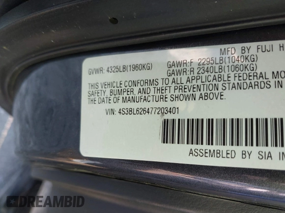2007 Subaru Legacy Limited z VIN 4S3BL626477203401, wystawiony jako IAAI lot #41216561 z przebiegiem Nie podano mil oraz . Historia ofert i sprzedaży dostępna na DreamBid. Obrazek 9.