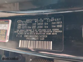2021 Hyundai Elantra SEL with VIN KMHLM4AG9MU140904, listed as a IAAI auction lot 41742936 with 89,401 mi miles. Bid and sale history available at carsss.com. Image 9.
