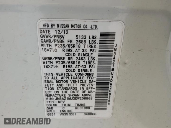 2013 Nissan Murano S with VIN JN8AZ1MU3DW206868, listed as a Copart auction lot 81596264 with 166,778 mi miles and Salvage Title. Bid and sale history available at carsss.com. Image 15.