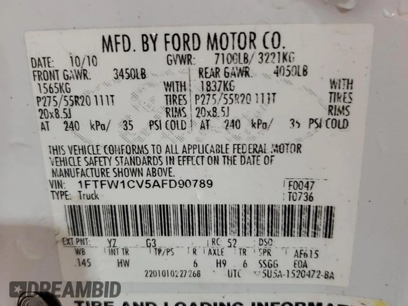 2010 Ford F-150 XL with VIN 1FTFW1CV5AFD90789, listed as a Copart auction lot 64734974 with 0 mi miles and Salvage Title. Bid and sale history available at carsss.com. Image 13.