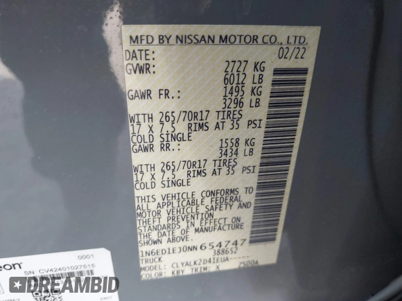2022 Nissan Frontier SV with VIN 1N6ED1EJ0NN654747, listed as a IAAI auction lot 41271819 with 51,021 mi miles and . Bid and sale history available at DreamBid. Image 9.