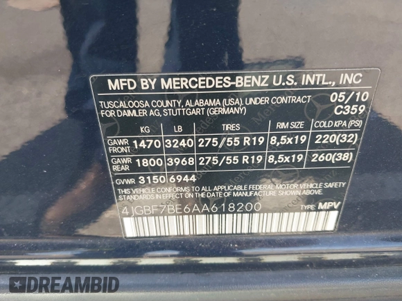 2010 Mercedes-Benz GL 450 with VIN 4JGBF7BE6AA618200, listed as a IAAI auction lot 42103939 with 122,175 mi miles and . Bid and sale history available at DreamBid. Image 9.