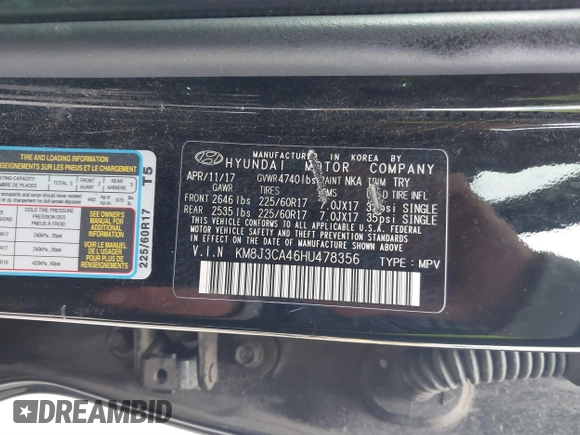 2017 Hyundai Tucson SE with VIN KM8J3CA46HU478356, listed as a IAAI auction lot 41892598 with 62,338 mi miles. Bid and sale history available at carsss.com. Image 9.
