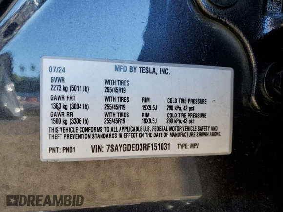 2024 Tesla Model Y with VIN 7SAYGDED3RF151031, listed as a Copart auction lot 49494165 with 7,503 mi miles and Salvage Title. Bid and sale history available at DreamBid. Image 16.