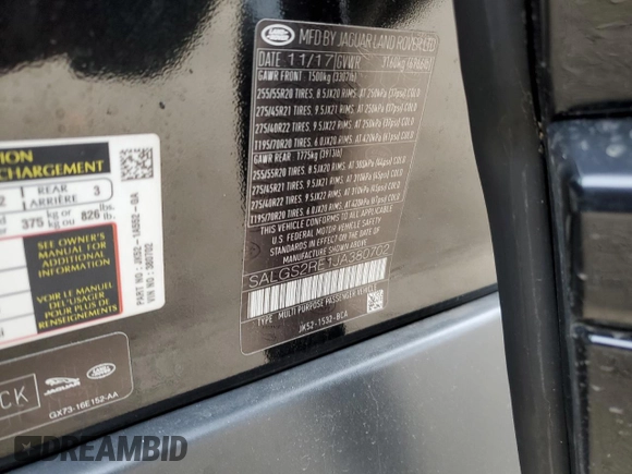 2018 Land Rover Range Rover with VIN SALGS2RE1JA380702, listed as a Copart auction lot 85476474 with 78,905 mi miles and Salvage title. Bid and sale history available at DreamBid. Image 16.