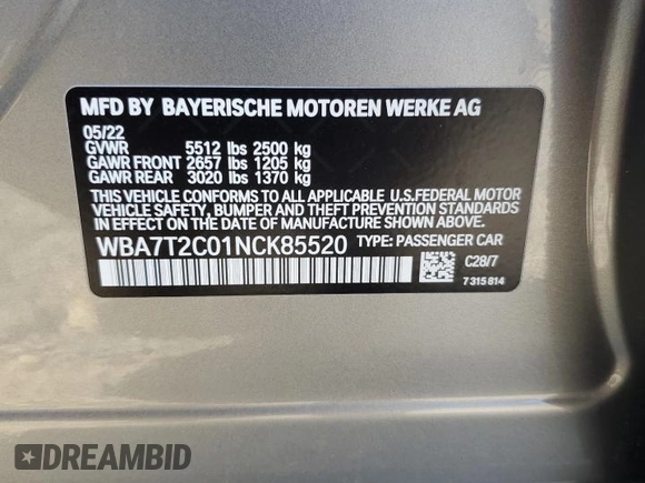 2022 BMW 7 Series 740i with VIN WBA7T2C01NCK85520, listed as a Copart auction lot 63442793 with 8,472 mi miles. Bid and sale history available at carsss.com. Image 12.
