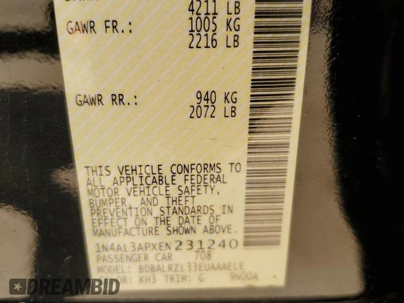 2014 Nissan Altima S with VIN 1N4AL3APXEN231240, listed as a Copart auction lot 52305935 with 194,219 mi miles and Salvage Title. Bid and sale history available at DreamBid. Image 12.
