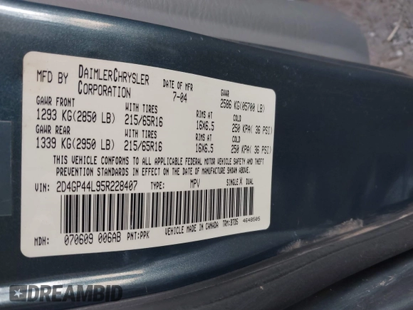 2005 Dodge Caravan SXT z VIN 2D4GP44L95R228407, wystawiony jako IAAI lot #40990061 z przebiegiem 220 844 mil mil oraz . Historia ofert i sprzedaży dostępna na DreamBid. Obrazek 9.