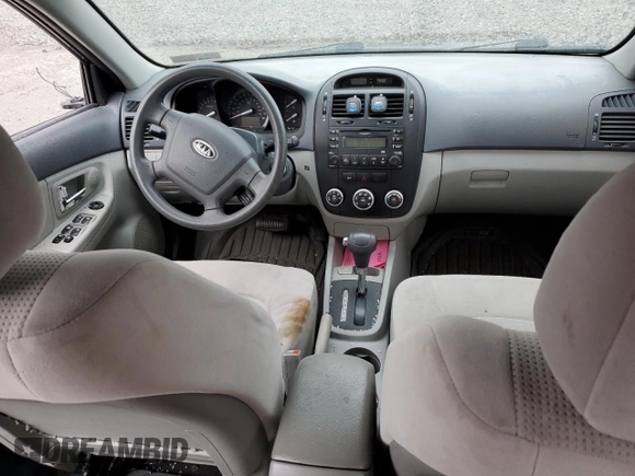 2009 Kia Spectra EX with VIN KNAFE222795620282, listed as a Copart auction lot 53187425 with 0 mi miles and Salvage Title. Bid and sale history available at carsss.com. Image 8.
