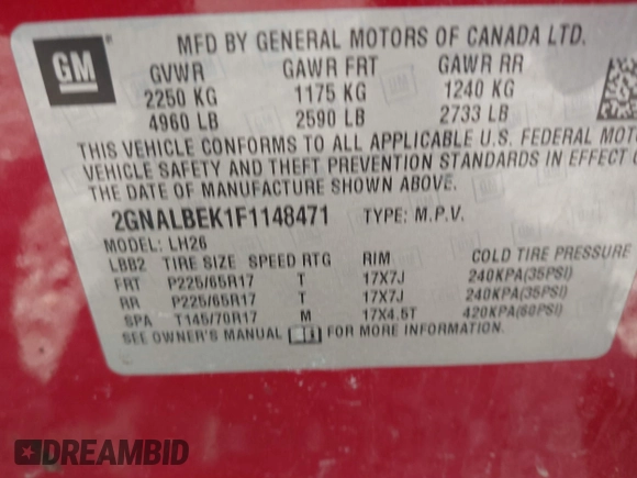 2015 Chevrolet Equinox LT with VIN 2GNALBEK1F1148471, listed as a IAAI auction lot 41865731 with 117,812 mi miles and . Bid and sale history available at DreamBid. Image 9.