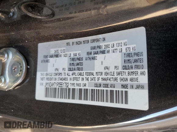 2023 Mazda MX-5 Miata Grand Touring z VIN JM1NDAM71P0551782, wystawiony jako Copart lot #88795725 z przebiegiem 22 626 mil mil oraz Nie do naprawy • Non repairable. Historia ofert i sprzedaży dostępna na DreamBid. Obrazek 12.