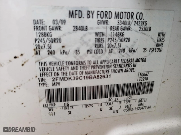 2009 Ford Edge Limited with VIN 2FMDK39C19BA82631, listed as a Copart auction lot 47879295 with 192,721 mi miles and Salvage Title. Bid and sale history available at carsss.com. Image 13.