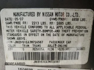 2007 Infiniti G35 Journey with VIN JNKBV61E47M724587, listed as a Copart auction lot 71555124 with 146,964 mi miles and Salvage Title. Bid and sale history available at DreamBid. Image 12.