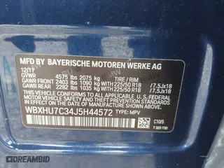 2018 BMW X1 sDrive28i with VIN WBXHU7C34J5H44572, listed as a IAAI auction lot 41607151 with 43,056 mi miles. Bid and sale history available at carsss.com. Image 9.