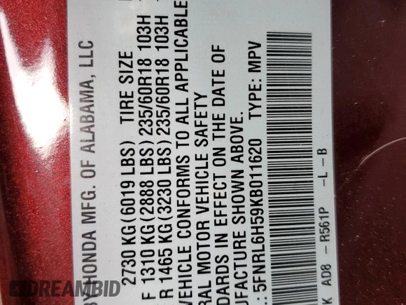2019 Honda Odyssey EX z VIN 5FNRL6H59KB011620, wystawiony jako Copart lot #56070275 z przebiegiem 78 788 mil mil oraz Szkoda całkowita • Salvage title. Historia ofert i sprzedaży dostępna na DreamBid. Obrazek 13.