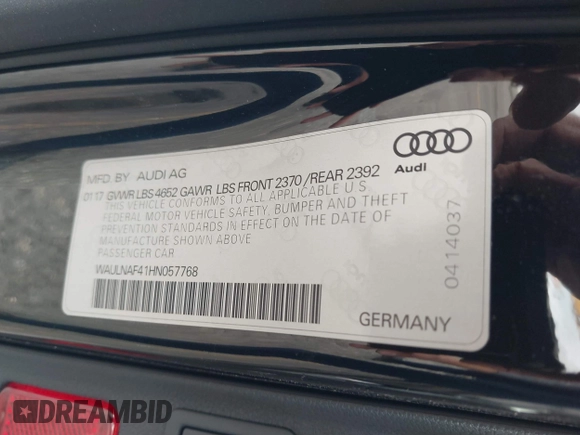 2017 Audi A4 Premium Plus with VIN WAULNAF41HN057768, listed as a IAAI auction lot 41483770 with 81,049 mi miles. Bid and sale history available at carsss.com. Image 9.