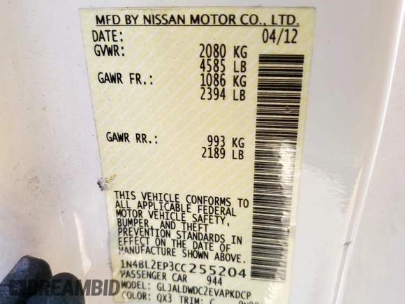 2012 Nissan Altima 3.5 SR with VIN 1N4BL2EP3CC255204, listed as a Copart auction lot 48903295 with 123,692 mi miles and Salvage Title. Bid and sale history available at carsss.com. Image 12.