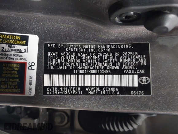 2017 Toyota Camry Hybrid LE with VIN 4T1BD1FK8HU203455, listed as a IAAI auction lot 41863977 with 56,858 mi miles. Bid and sale history available at carsss.com. Image 9.