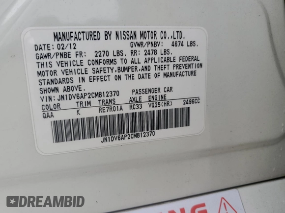 2012 Infiniti G25 Journey with VIN JN1DV6AP2CM812370, listed as a Copart auction lot 56016535 with 163,502 mi miles and Salvage title. Bid and sale history available at DreamBid. Image 12.