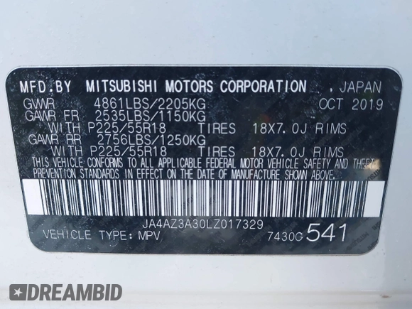 2020 Mitsubishi Outlander ES with VIN JA4AZ3A30LZ017329, listed as a IAAI auction lot 41704168 with 54,259 mi miles and . Bid and sale history available at DreamBid. Image 9.