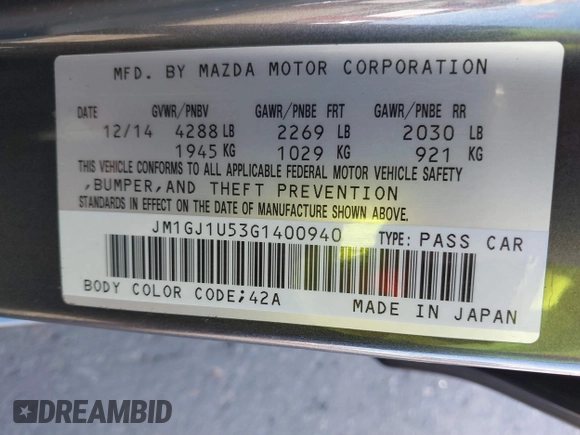 2016 Mazda 6 i Sport with VIN JM1GJ1U53G1400940, listed as a IAAI auction lot 41687400 with 77,737 mi miles and . Bid and sale history available at DreamBid. Image 9.