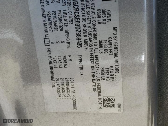 2013 Chevrolet Silverado 1500 LT with VIN 1GCRCSE09DZ389435, listed as a Copart auction lot 48062385 with 187,211 mi miles and Salvage Title. Bid and sale history available at carsss.com. Image 12.