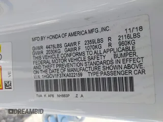 2019 Honda Accord Sport with VIN 1HGCV1F37KA022159, listed as a IAAI auction lot 41740974 with 70,223 mi miles and . Bid and sale history available at DreamBid. Image 9.