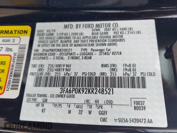 2019 Ford Fusion Titanium with VIN 3FA6P0K92KR248521, listed as a IAAI auction lot 42198307 with 51,844 mi miles and . Bid and sale history available at DreamBid. Image 9.