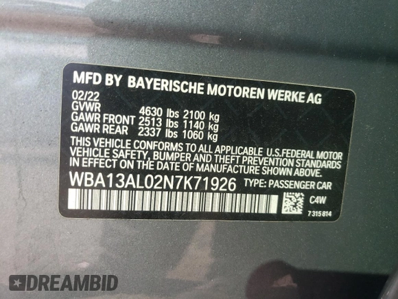 2022 BMW 2 Series M235i xDrive with VIN WBA13AL02N7K71926, listed as a Copart auction lot 63518154 with 31,422 mi miles and Salvage Title. Bid and sale history available at carsss.com. Image 13.