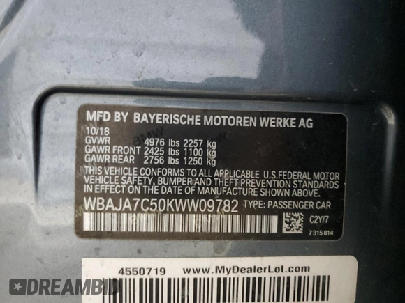 2019 BMW 5 Series 530i xDrive с VIN WBAJA7C50KWW09782, выставлен на аукционе Copart как лот 50684555 с пробегом 90 510 миль миль и Списание • Salvage title. История ставок и продаж доступна на DreamBid. Изображение 12.