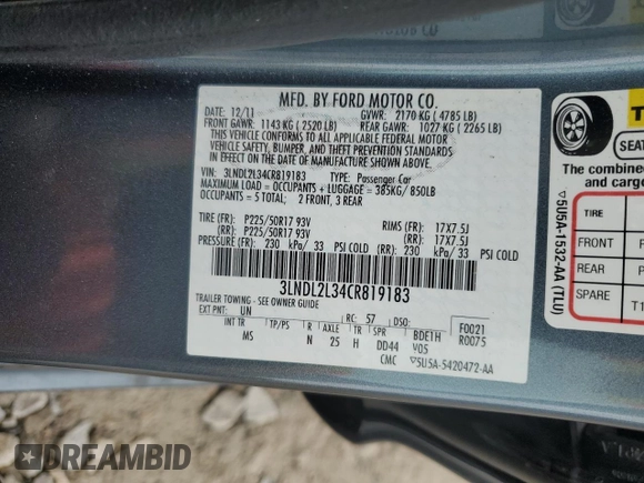 2012 Lincoln MKZ Hybrid with VIN 3LNDL2L34CR819183, listed as a Copart auction lot 51088085 with 115,833 mi miles and Salvage Title. Bid and sale history available at DreamBid. Image 12.