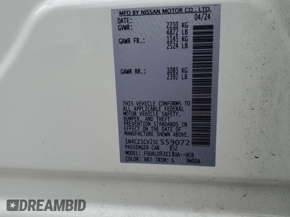 2025 Nissan LEAF SV Plus with VIN 1N4CZ1CV2SC559072, listed as a Copart auction lot 88994255 with 2,929 mi miles and Salvage Title. Bid and sale history available at carsss.com. Image 14.