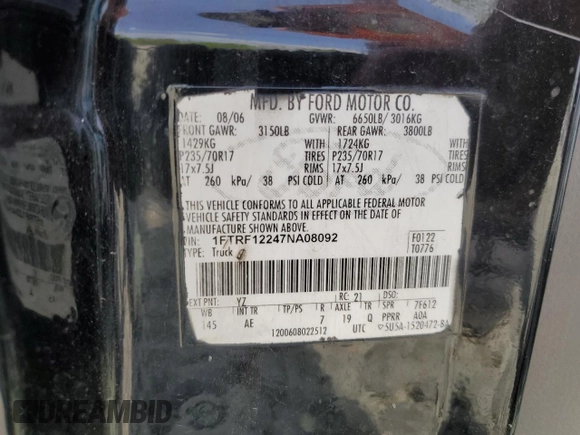 2007 Ford F-150 XL with VIN 1FTRF12247NA08092, listed as a Copart auction lot 53934265 with Not provided miles and Salvage title. Bid and sale history available at DreamBid. Image 12.