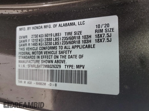 2021 Honda Odyssey EX-L with VIN 5FNRL6H77MB026329, listed as a Copart auction lot 48042705 with 45,046 mi miles and Salvage Title. Bid and sale history available at DreamBid. Image 15.