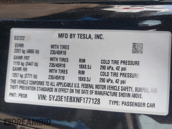2022 Tesla Model 3 Long Range with VIN 5YJ3E1EBXNF177128, listed as a IAAI auction lot 41966089 with 75,140 mi miles and . Bid and sale history available at DreamBid. Image 9.