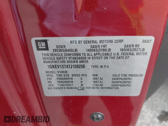 2007 GMC Acadia SLE with VIN 1GKEV13747J156296, listed as a IAAI auction lot 41243442 with 119,167 mi miles and . Bid and sale history available at DreamBid. Image 9.