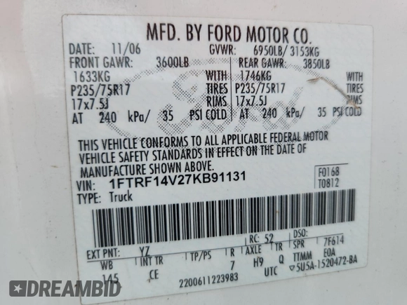 2007 Ford F-150 XL z VIN 1FTRF14V27KB91131, wystawiony jako Copart lot #62780685 z przebiegiem 40 721 mil mil oraz Czysty tytuł • Clean title. Historia ofert i sprzedaży dostępna na DreamBid. Obrazek 12.