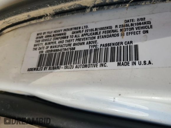 2002 Subaru Legacy Outback Limited with VIN 4S3BH686427647556, listed as a Copart auction lot 75890134 with Not provided miles and Salvage title. Bid and sale history available at DreamBid. Image 13.