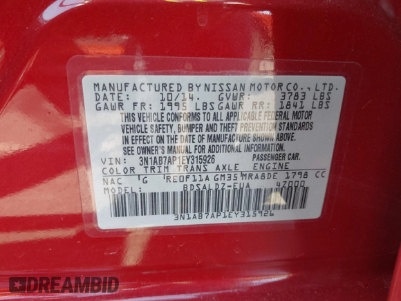 2014 Nissan Sentra S with VIN 3N1AB7AP1EY315926, listed as a IAAI auction lot 42087981 with 86,911 mi miles and . Bid and sale history available at DreamBid. Image 9.